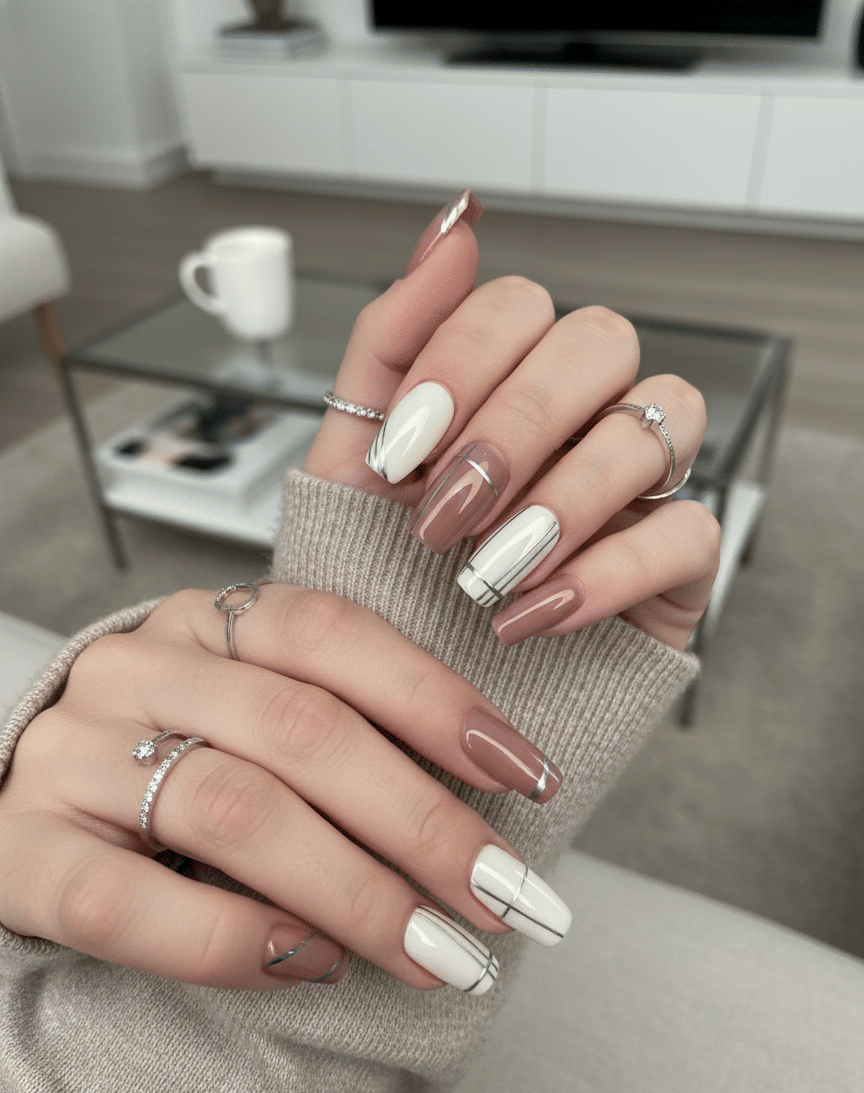 Medium Square Geometric Color Block — Mocha Nails