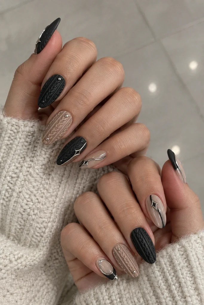 Long Coffin Black Beige Metallic Accents — Sweater Nails