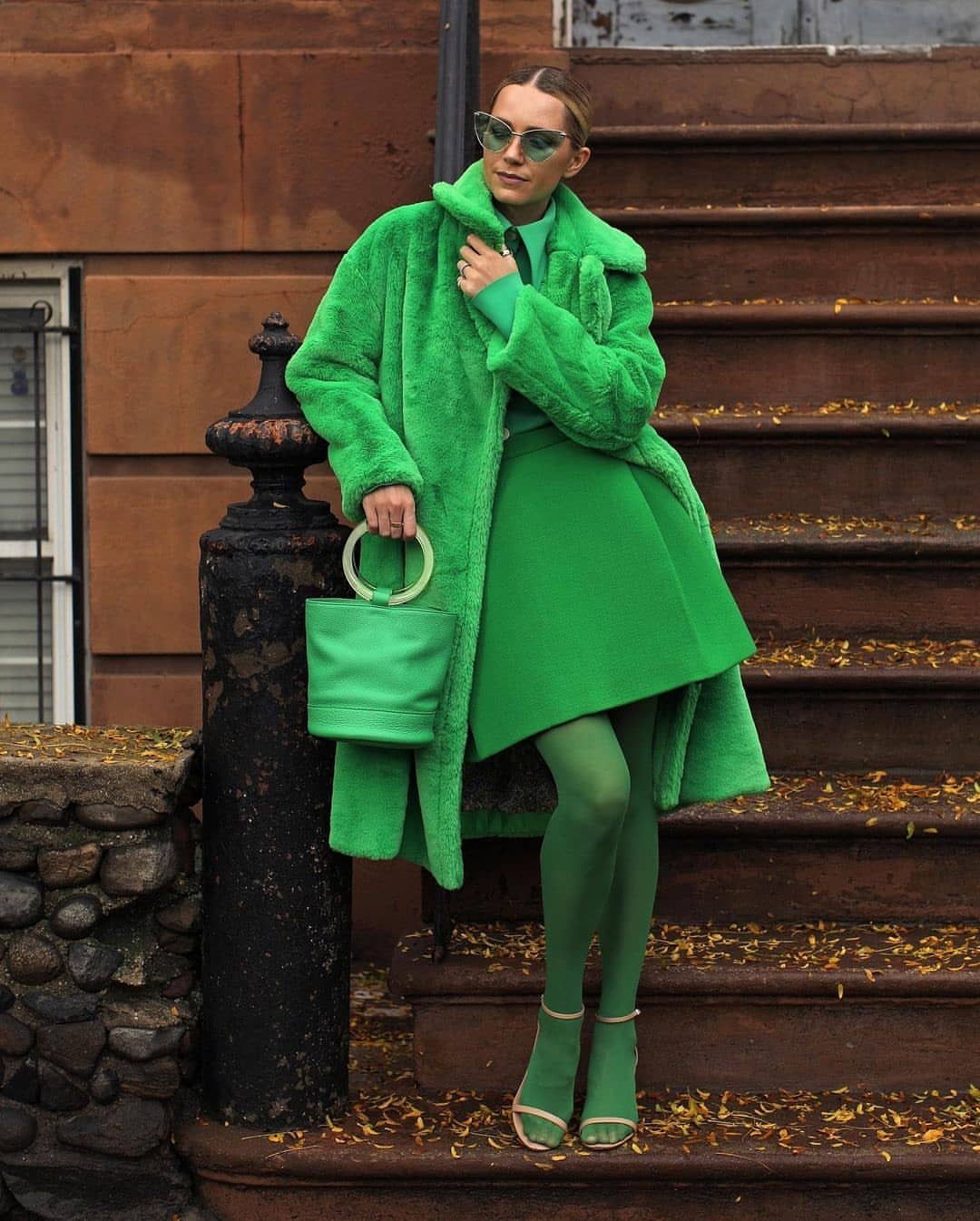 Vibrant Green Fux Fur Coat With Monochromatic Skirt Vibrant Green Fux Fur Coat With Monochromatic Skirt β Teddy Coat Outfits
