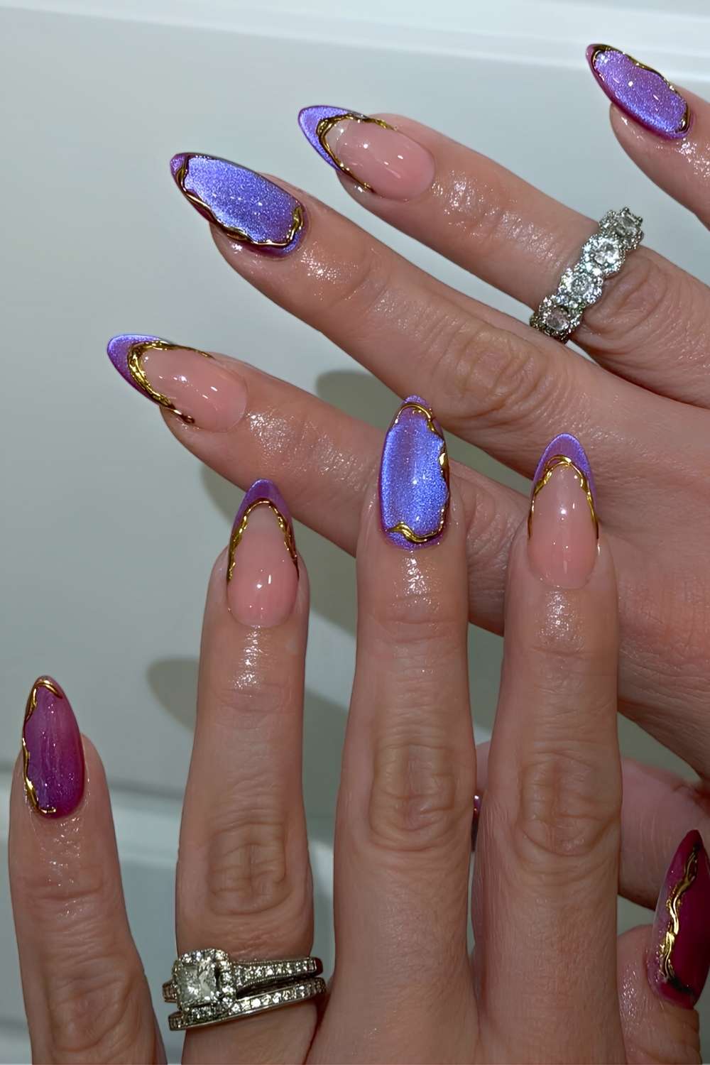 Purple Swirls with Gold French Tips Purple Swirls with Gold French Tips β Winter Purple Nails