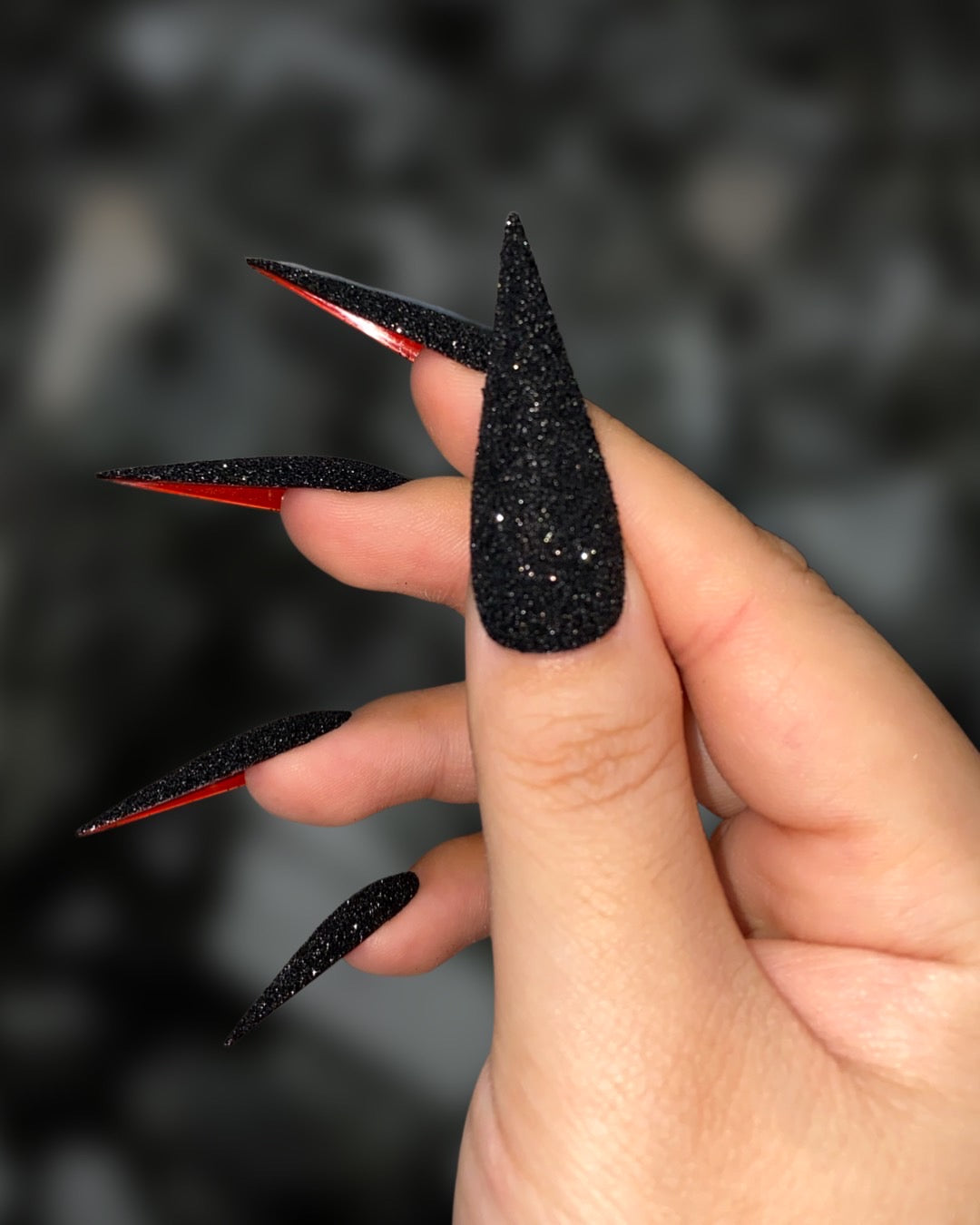 Matte Black Stiletto With Glossy Red Underside Matte Black Stiletto With Glossy Red Underside β Winter Stiletto Nails