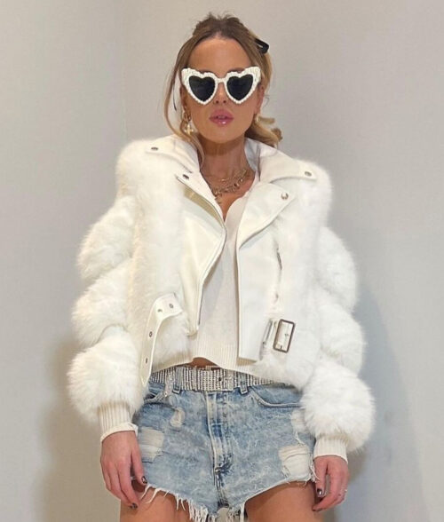 White Faux Fur Moto Jacket with Leather Accents for a Chic Statement — Winter Jackets for Women