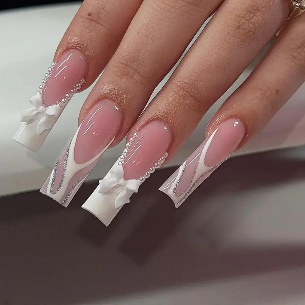 Extra Long Coffin 3D White Bow Pearls Extra Long Coffin 3D White Bow Pearls β Winter Bow Nails