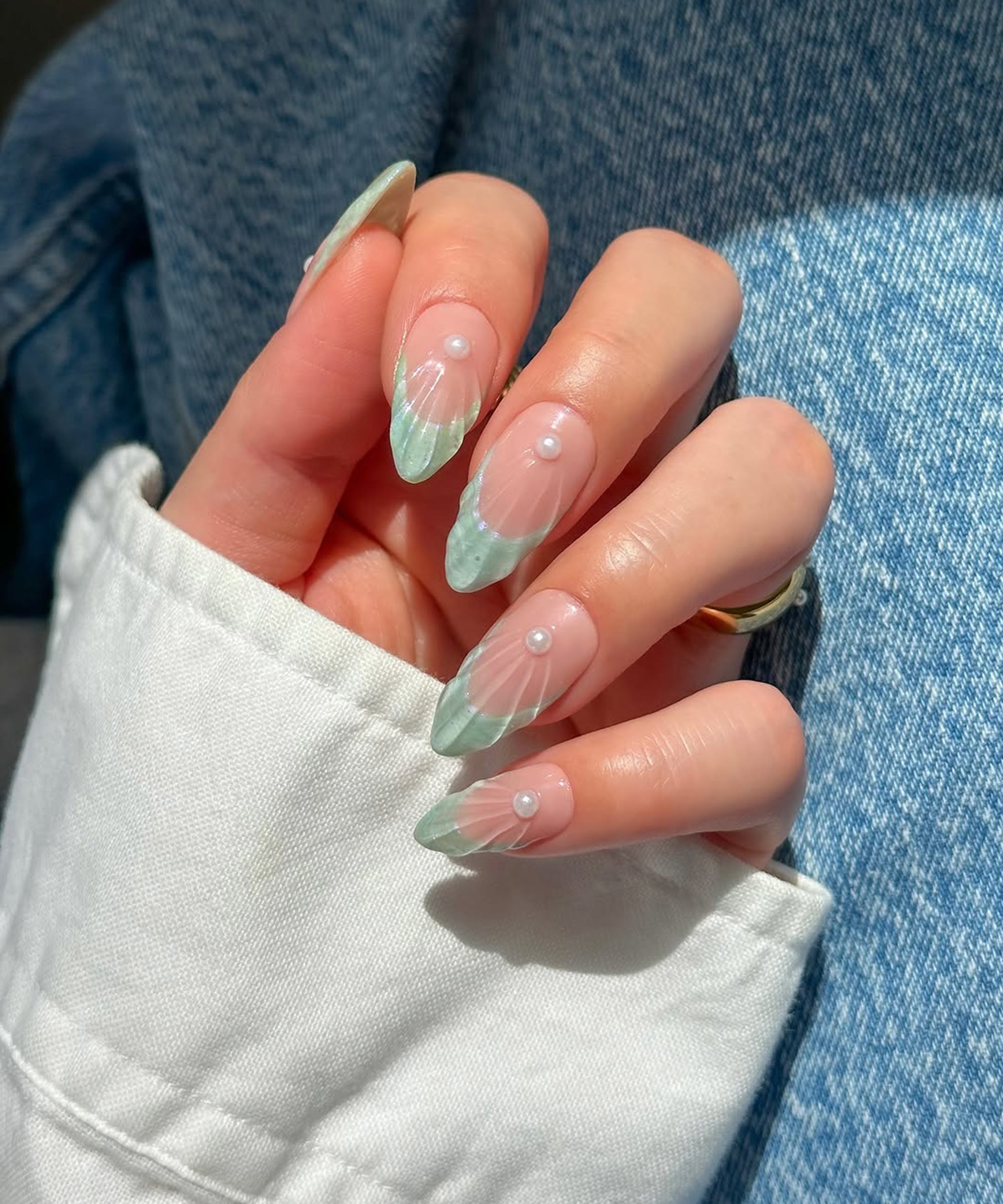 Sheer Nude Base With Mint Green Tips Visual Idea — Winter to Spring Transition Nails