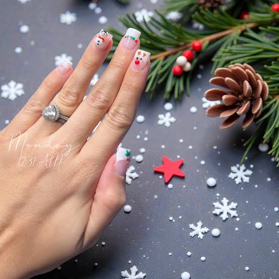 Short Square French with Holiday Motifs Short Square French with Holiday Motifs β Christmas Gel X Nails 2026
