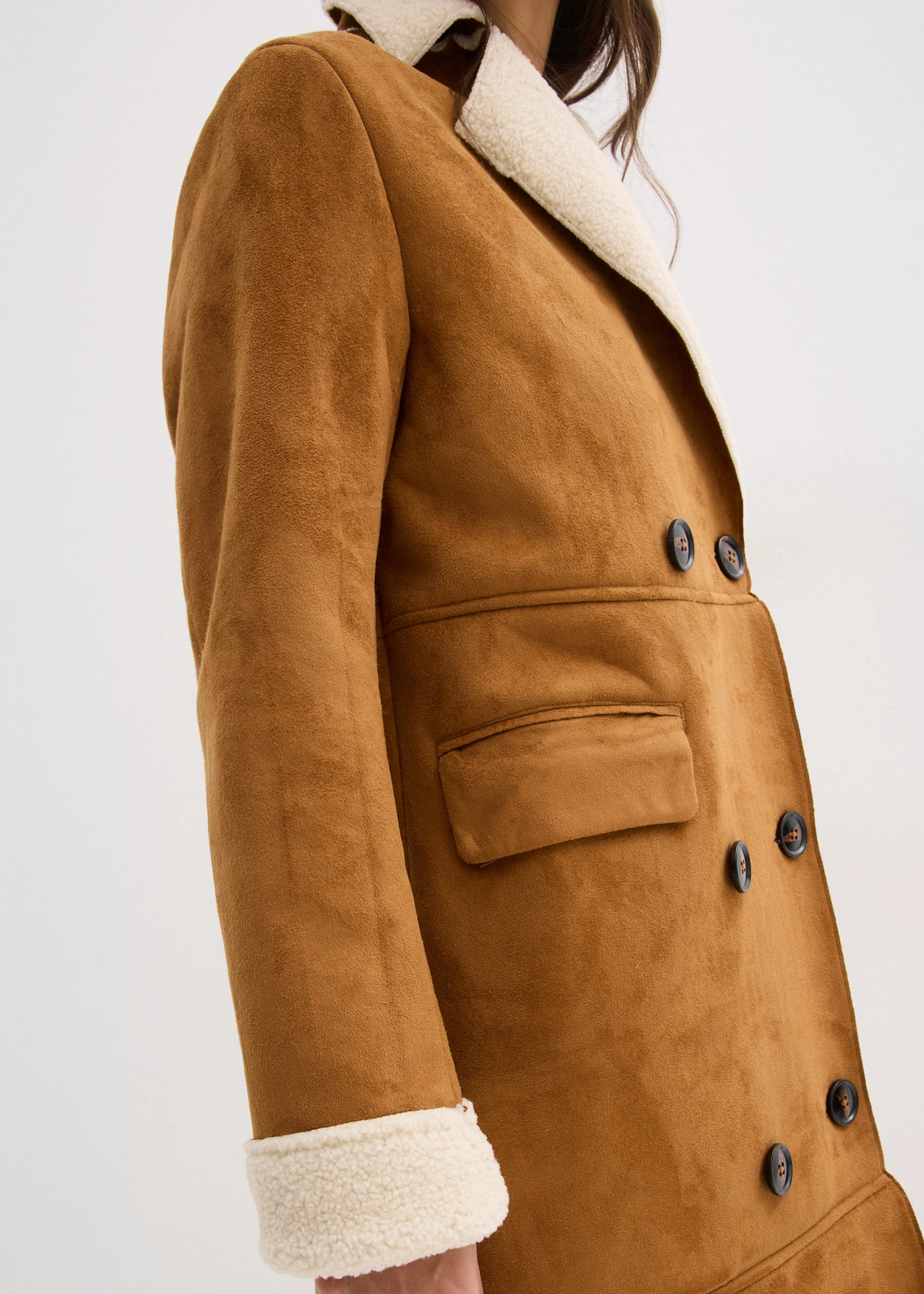 Cognac Suede Coat with Double-Breasted Cream Shearling Details — Shearling Coat Outfits