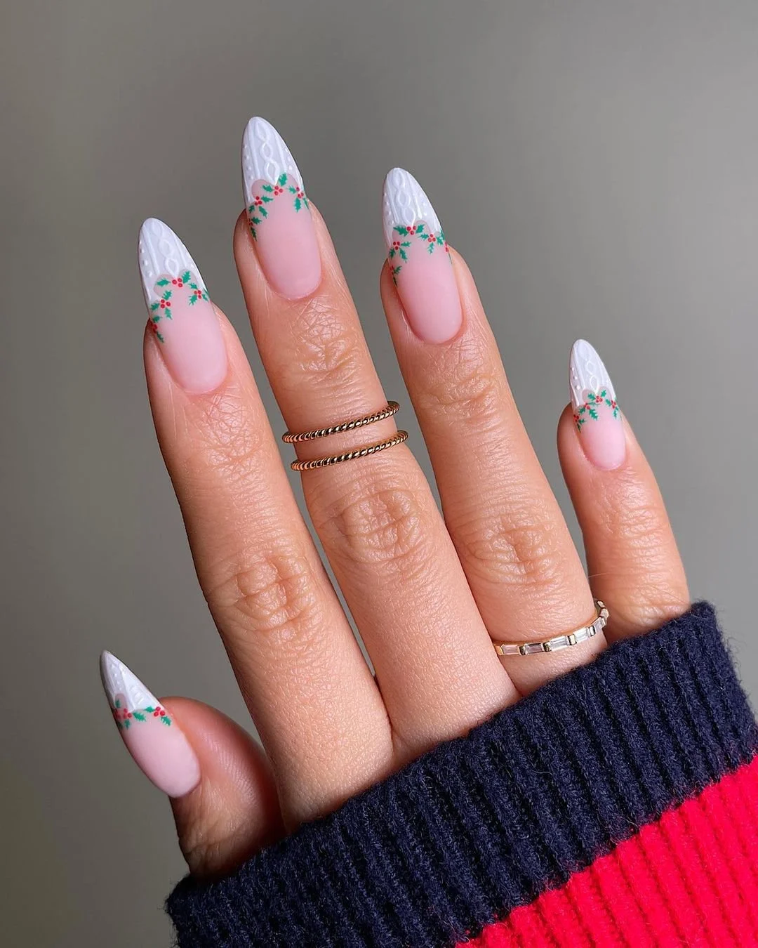 Cable Knit Holly French Tip Stilettos Cable Knit Holly French Tip Stilettos β Christmas Nails 2026
