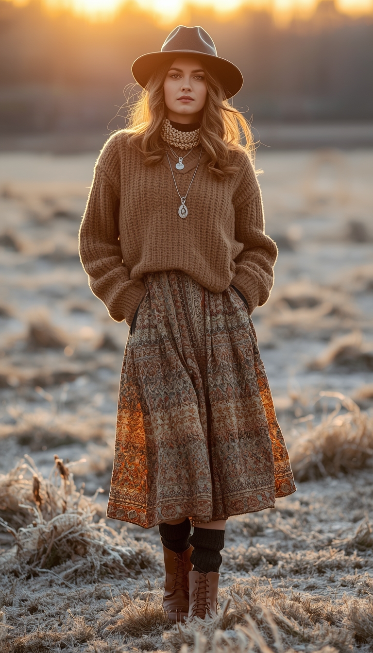 Bohemian Winter Warmth: Brown Knit Sweater with Patterned Skirt Bohemian Winter Warmth: Brown Knit Sweater with Patterned Skirt β Comfy Winter Outfits