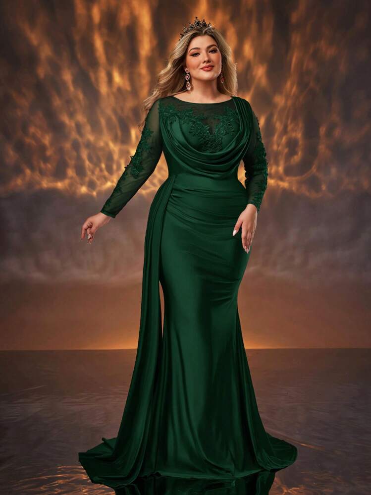 Emerald Green Gown with Cowl Neck and Draped Overlay — Winter Formal Dresses