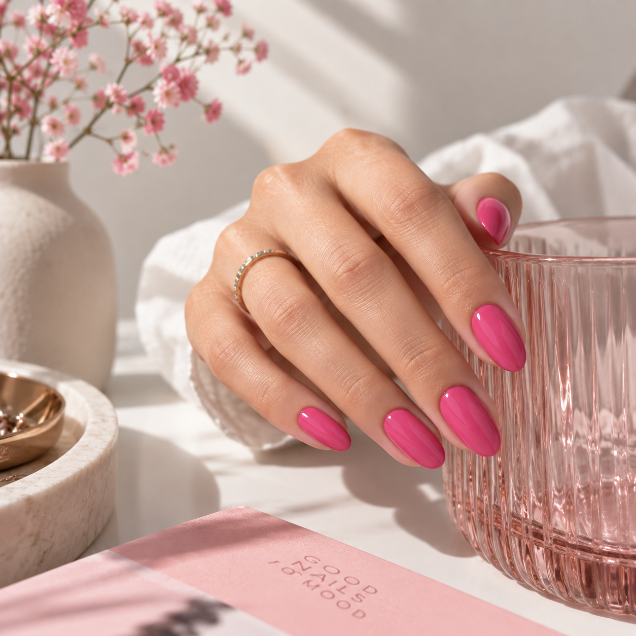 Vibrant Glossy Pink Oval Nails Vibrant Glossy Pink Oval Nails β Short Winter Oval Nails