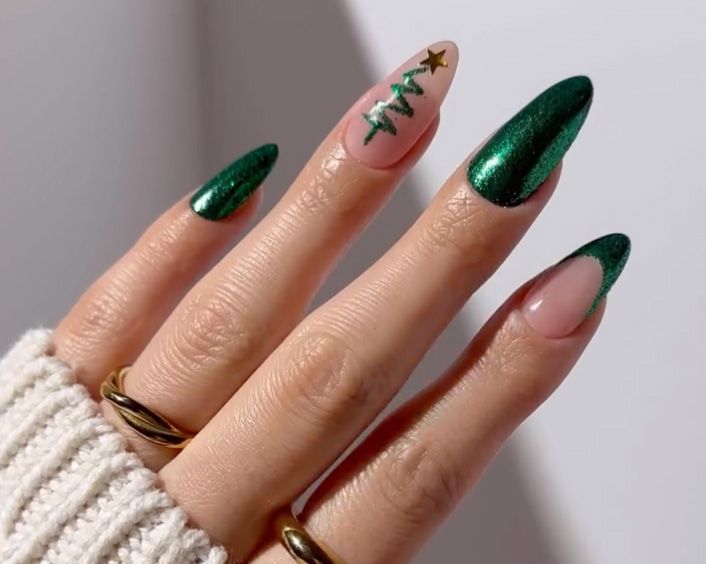 Metallic Green Christmas Tree Stilettos — Christmas Gel Nails 2026