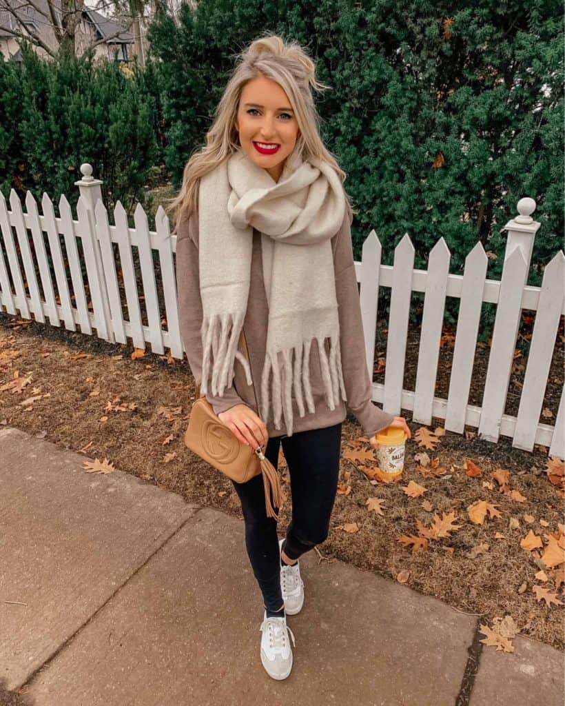 Cozy Brown Sweatshirt with Fringe Scarf and Sneakers — Cold Weather Outfits
