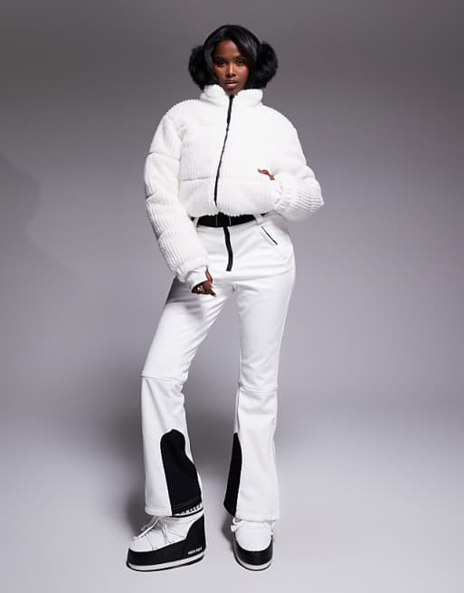 White Ski Suit with Faux Fur Trim and Belt White Ski Suit with Faux Fur Trim and Belt — Ski Outfits
