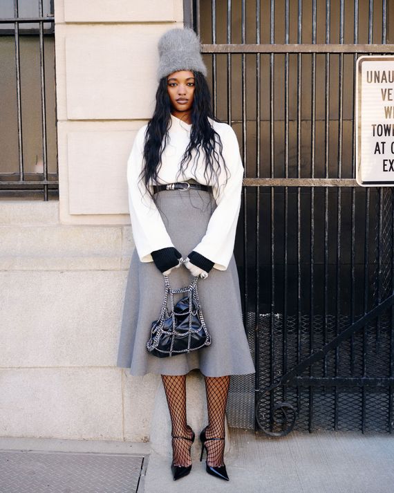 Cream Top and Grey Skirt with Faux Fur Hat — Minimalist Winter Outfits