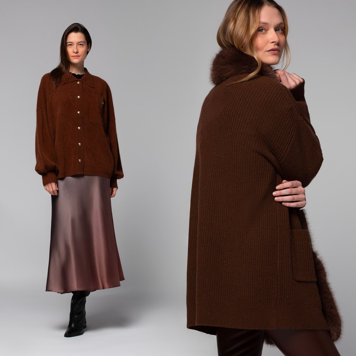 Brown Knit Cardigan over Taupe Satin Slip Skirt Brown Knit Cardigan over Taupe Satin Slip Skirt β Chocolate Brown Outfits