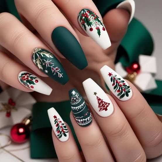 Dark Green White Red Accents Visual Idea Dark Green White Red Accents Visual Idea β Red and Green Christmas Nails 2026