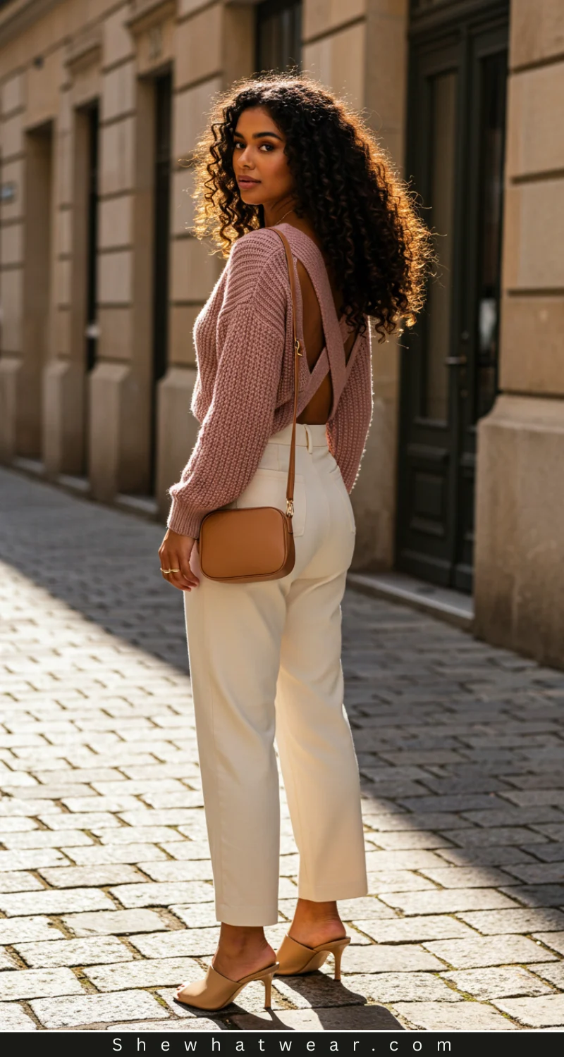 Pink Backless Sweater With Cream Straight-Leg Pants Pink Backless Sweater With Cream Straight-Leg Pants β Sweater Outfits