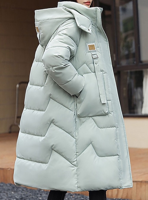 Pale Blue Long Puffer Jacket with Chevron Quilting — Winter Puffer Jacket Outfits