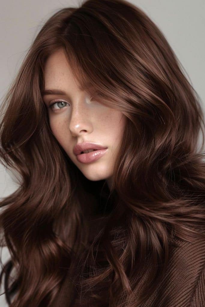 Rich Chestnut Waves With Side-Swept Bangs Rich Chestnut Waves With Side-Swept Bangs β Chestnut Brown Hair