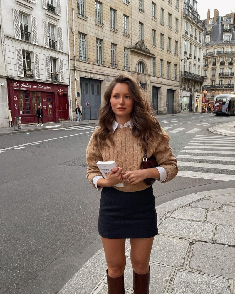 Casual Chic: Cable-Knit Sweater, Mini Skirt, and Knee-High Boots — Old Money Winter Outfits