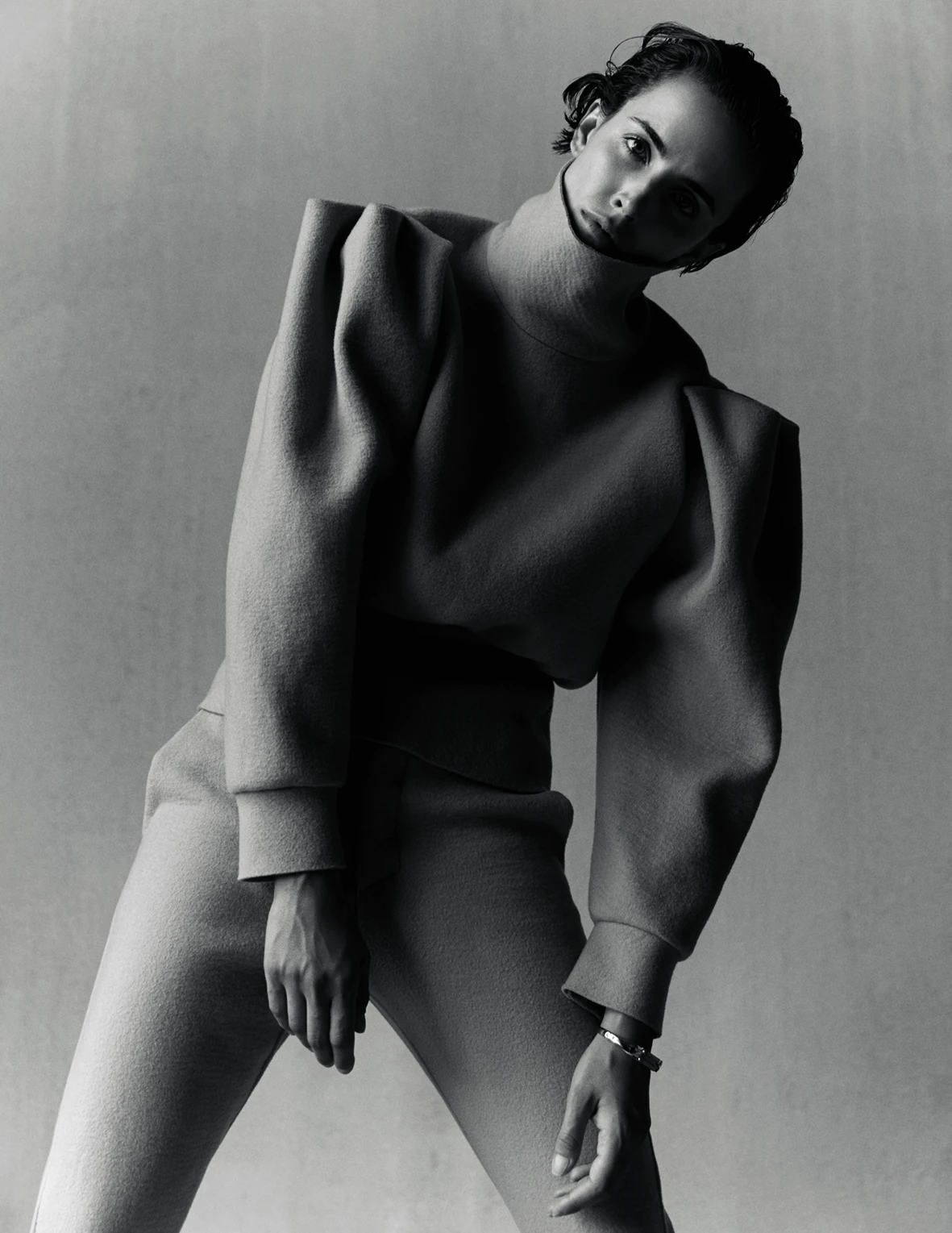 Monochromatic Grey Wool Knit Set with Sculptural Shoulders Monochromatic Grey Wool Knit Set with Sculptural Shoulders β Winter Photoshoot Outfits