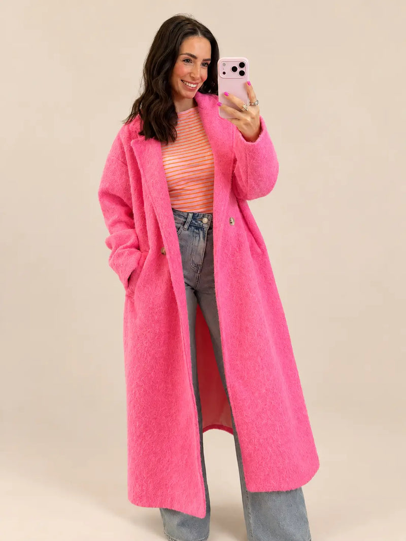 Bold and Bright: Hot Pink Coat with Wide-Leg Jeans — Late Winter Outfits