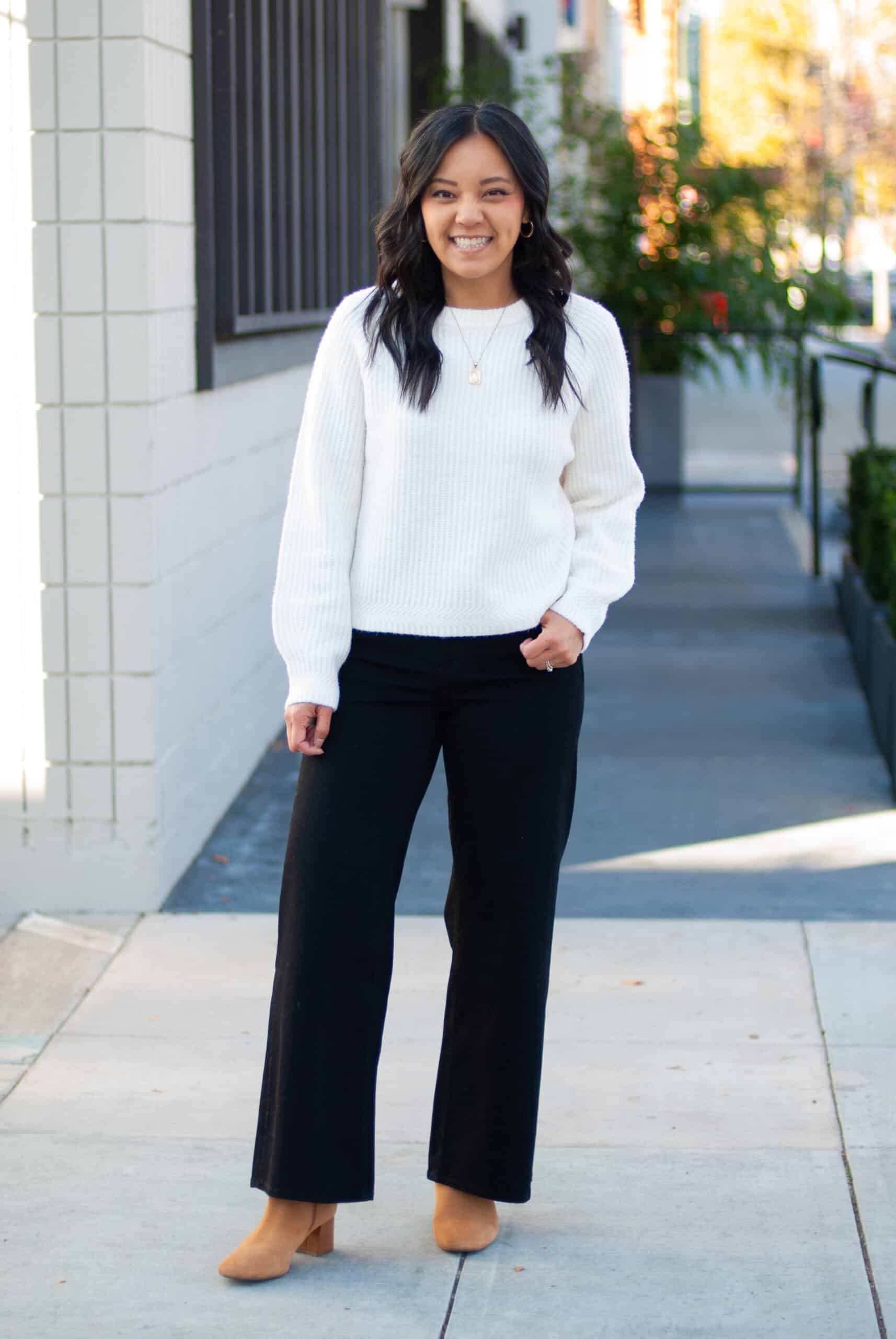 White Crewneck Sweater with Black Wide-Leg Pants White Crewneck Sweater with Black Wide-Leg Pants β Warm Winter Outfits