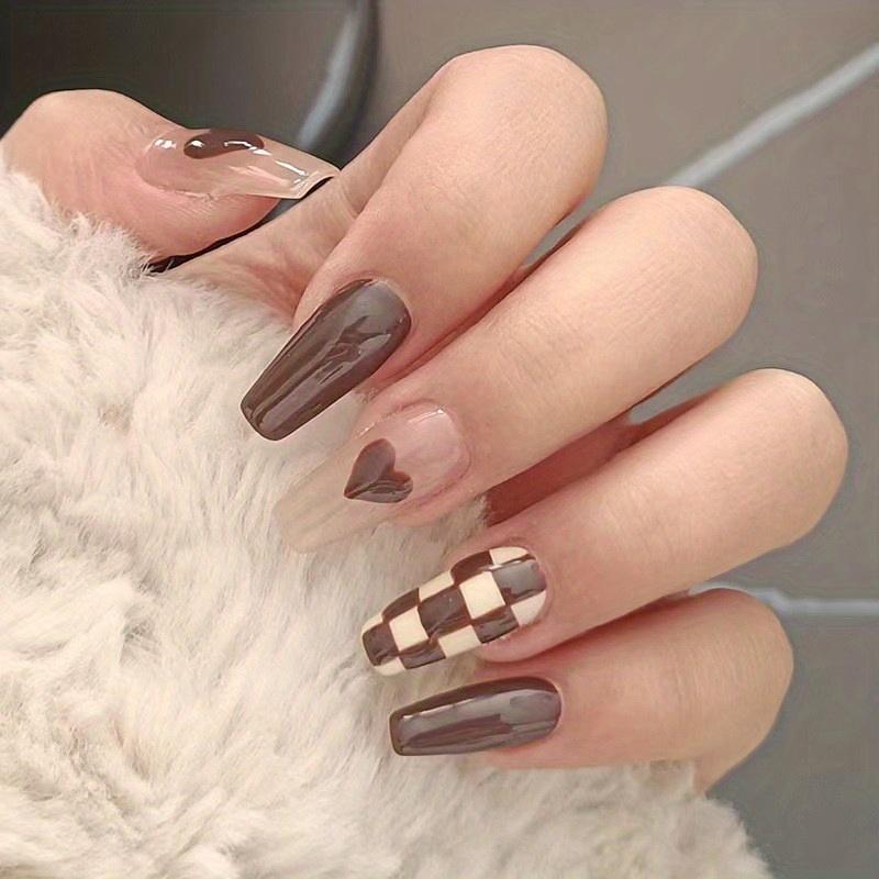 Dark Brown Checkered Medium Coffin Nails — Chocolate Brown Nails