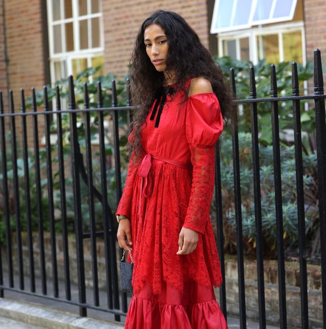 Vibrant Red Lace Dress with Off-the-Shoulder Neckline — Winter Wedding Guest Outfits