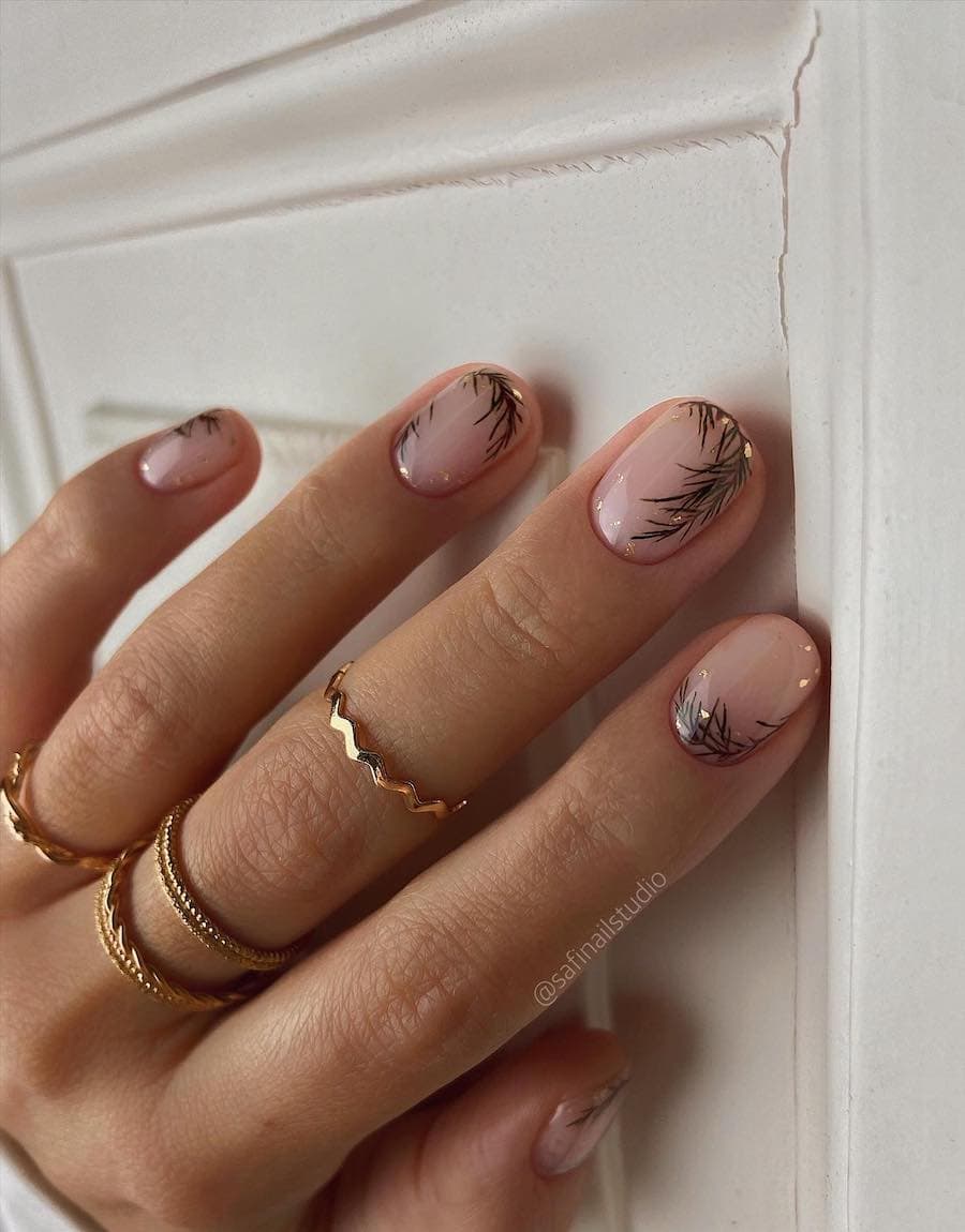 Sheer Pink with Green Pine Needle French Sheer Pink with Green Pine Needle French β Classy Short Winter Nails