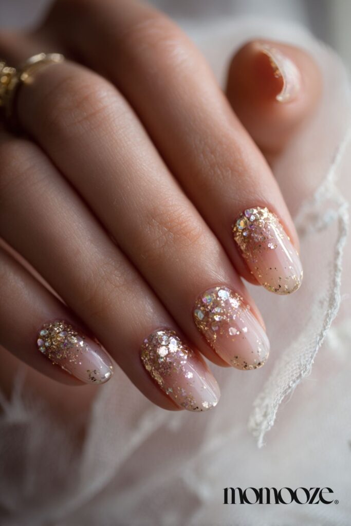 Nude Gold Iridescent Glitter Gradient Ovals Nude Gold Iridescent Glitter Gradient Ovals β New Years Eve Nails 2027