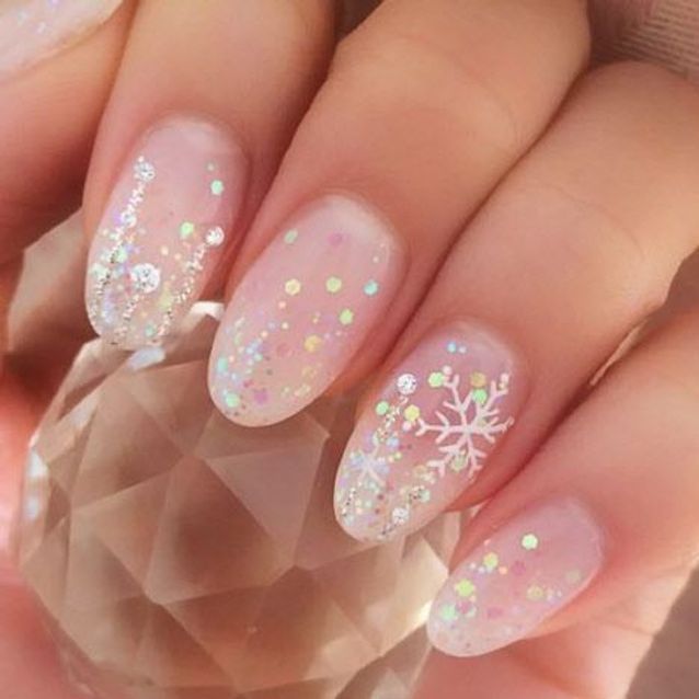 Iridescent Glitter Snowflake Oval Nails — Christmas Nails for Kids 2026