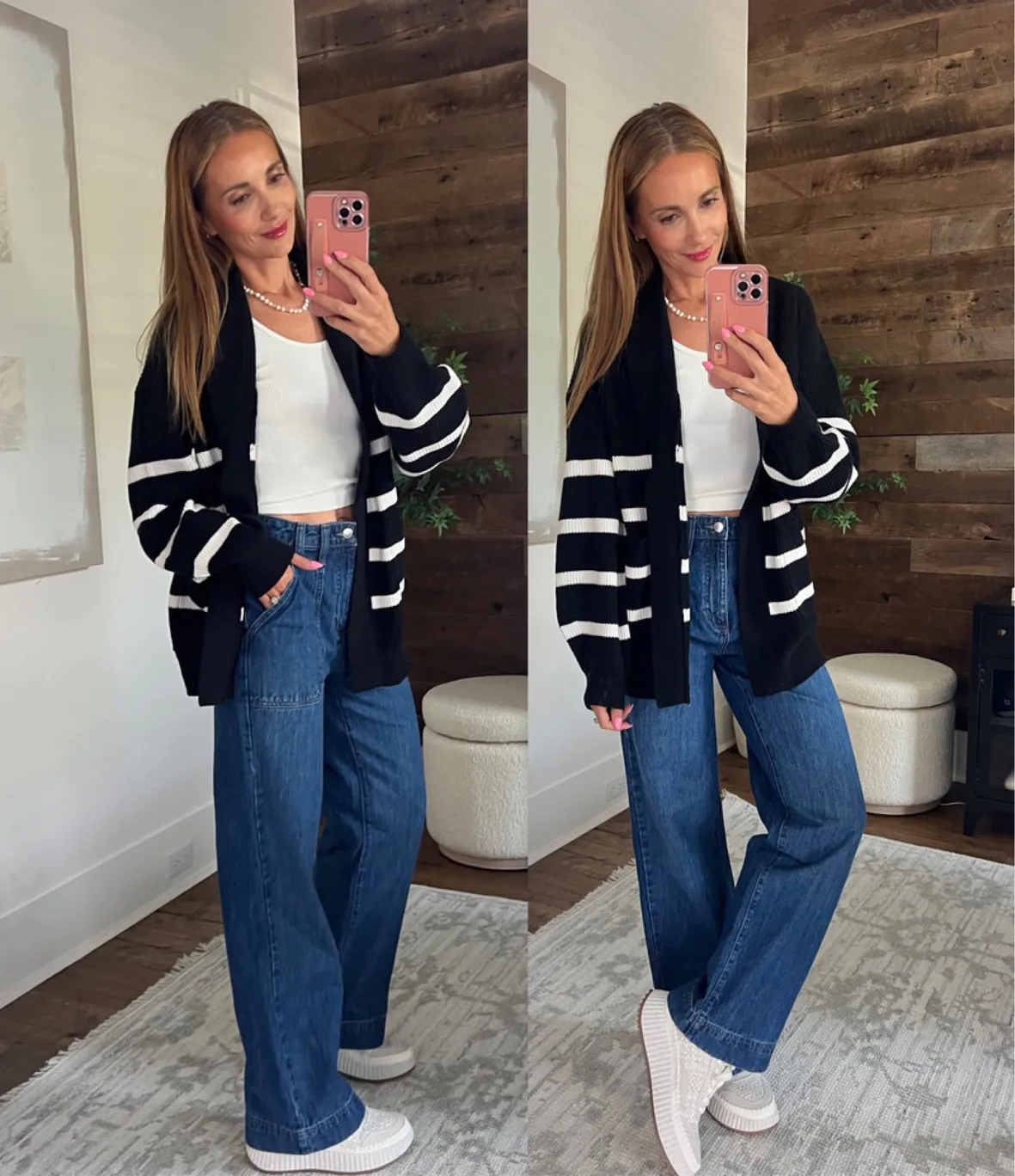 Casual Layering: Striped Cardigan and Wide Leg Jeans — Winter Outfits with Wide Leg Jeans
