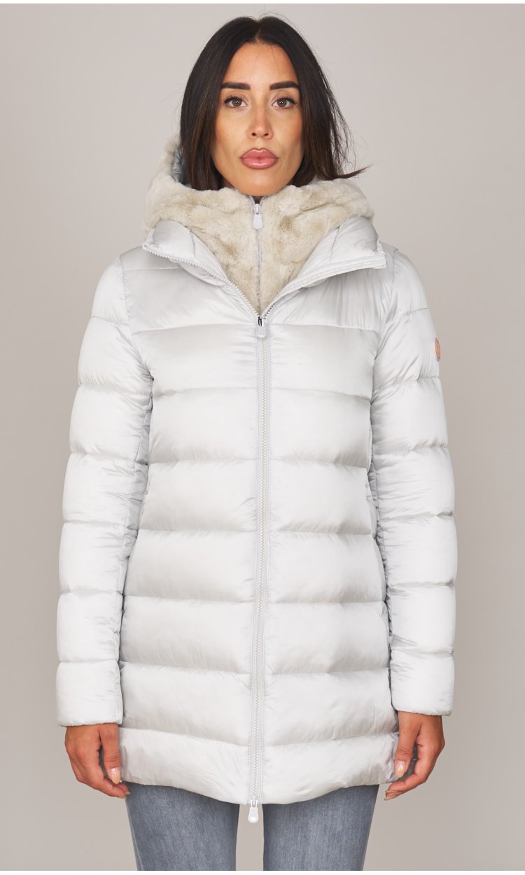 Light Grey Fitted Puffer Coat With Fur-Lined Hood — Long Puffer Coat Outfits