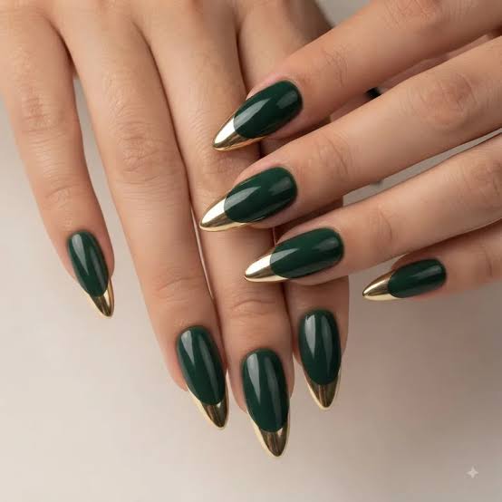 Deep Green Glossy Stilettos with Gold French Tips — Green Christmas Nails 2026