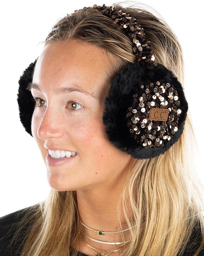 Black Faux Fur Earmuffs with a Sequined Headband Black Faux Fur Earmuffs with a Sequined Headband β Earmuffs Outfits