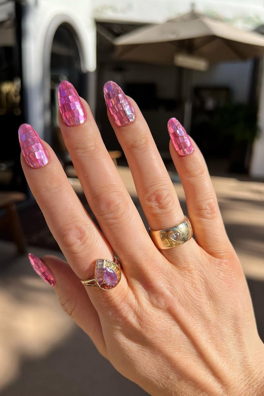 Iridescent Pink Jelly Mosaic Stiletto Nails Iridescent Pink Jelly Mosaic Stiletto Nails β New Years Nail Designs 2027