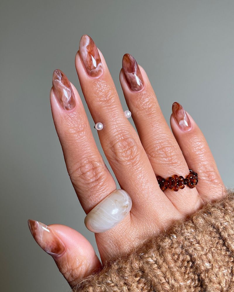 Abstract Green Marble Accents on Long Coffin Nails — Winter Marble Nails