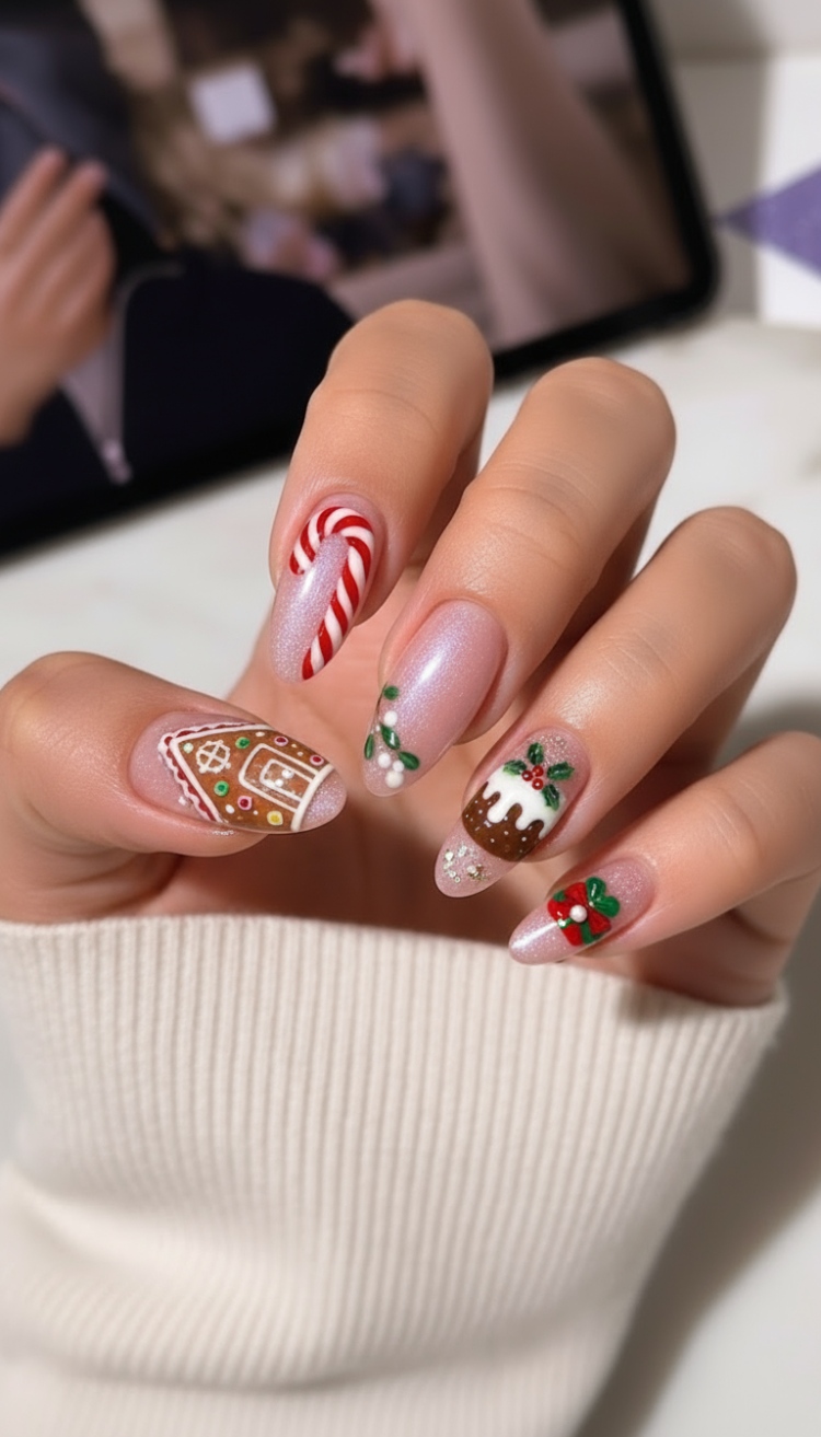 Hand-Painted Christmas Character Almond Nails Hand-Painted Christmas Character Almond Nails β Holiday Nails 2026