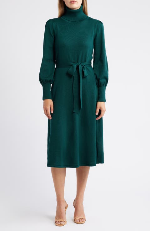 Elegant Green Puffed-Sleeve Turtleneck Midi Dress Elegant Green Puffed-Sleeve Turtleneck Midi Dress β Turtleneck Outfits