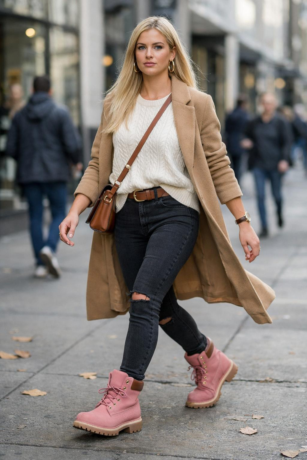 Bold Statement: Pink Timberlands with Ripped Jeans and Camel Coat — Timberland Boots Outfits