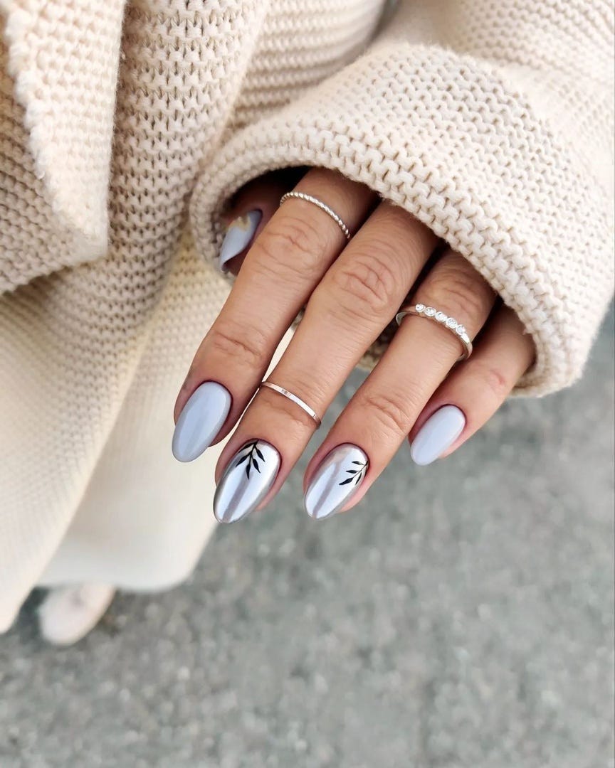 Metallic Silver Chrome Leaf Nails — Medium Length Winter Nails