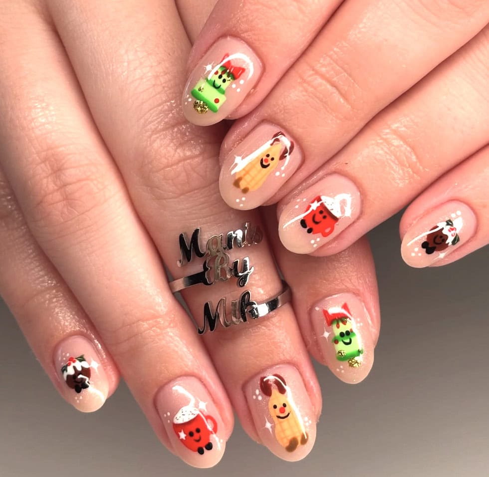Festive Character Illustrations on Short Nails Festive Character Illustrations on Short Nails β Cute Christmas Nails 2026
