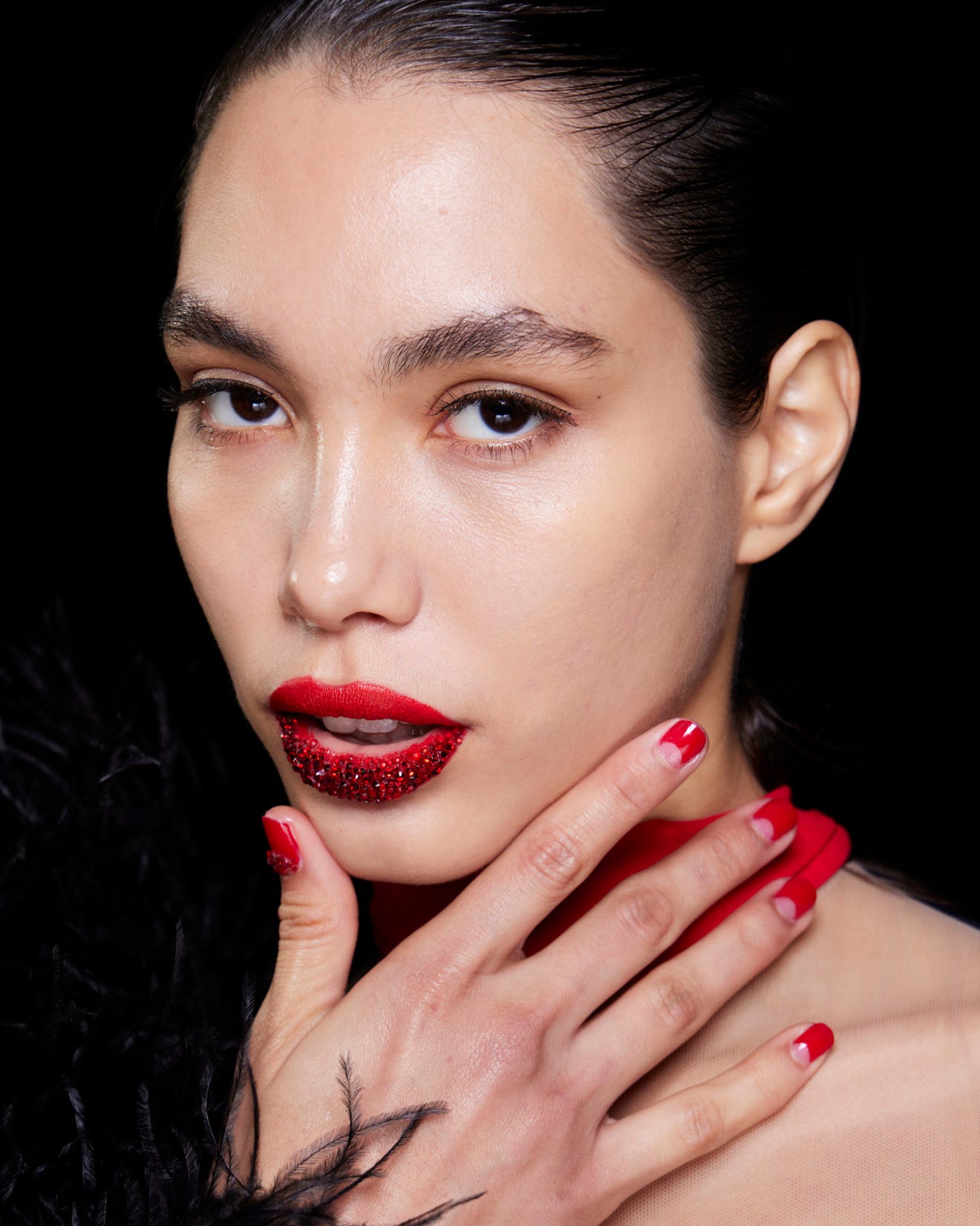 Vibrant Red Nails with Red Rhinestone Accents — Red Christmas Nails 2026