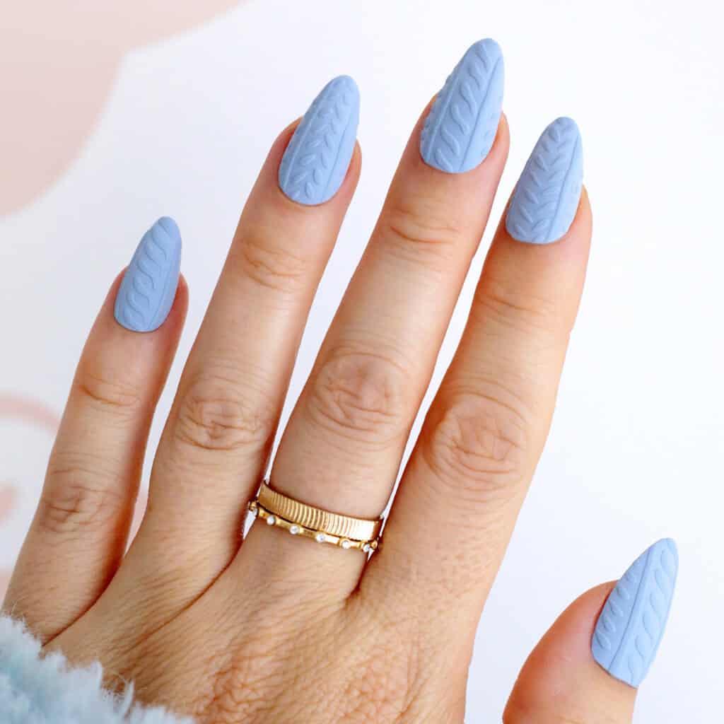 Matte Baby Blue Cable Knit Stiletto Nails — Winter Nail Colors for Women Over 60