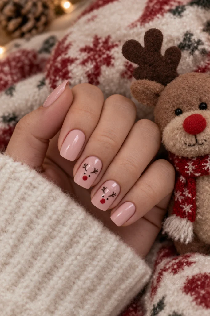 Light Pink Reindeer Face Squares Light Pink Reindeer Face Squares β Simple Christmas Nails 2026