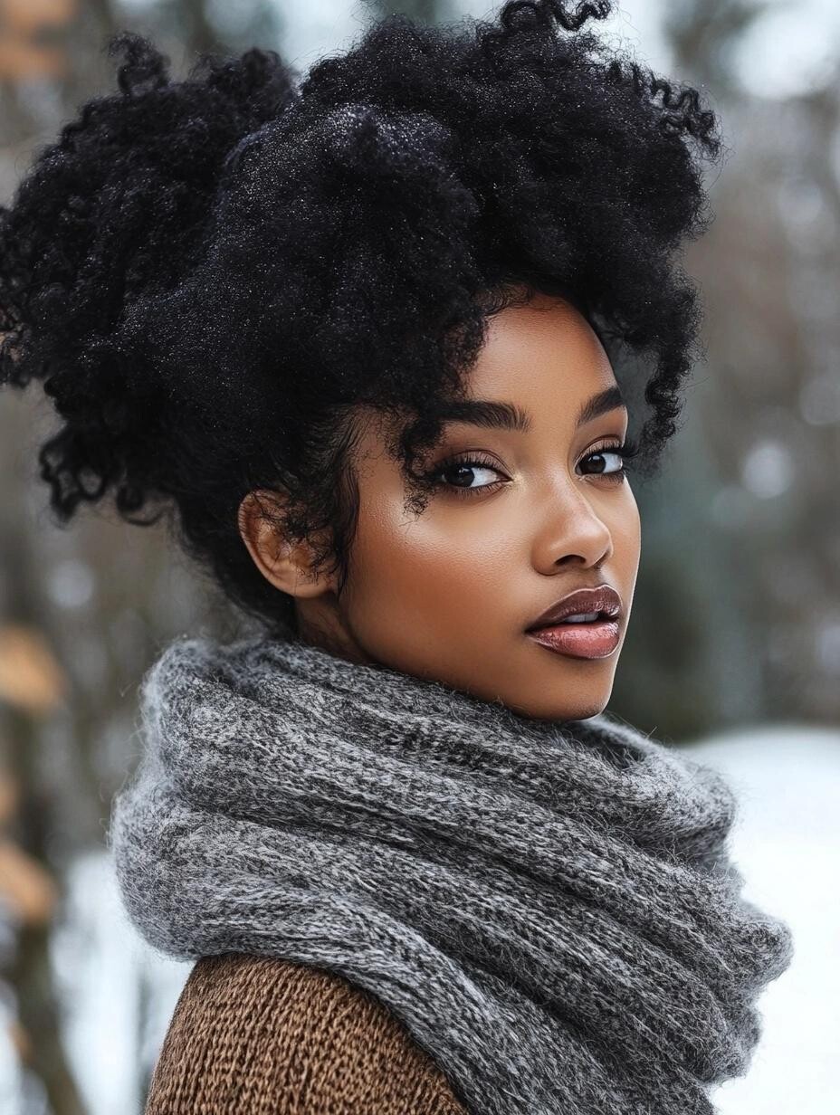 Voluminous Coily Updo With Grey Scarf Voluminous Coily Updo With Grey Scarf β Winter Hairstyles with Scarf