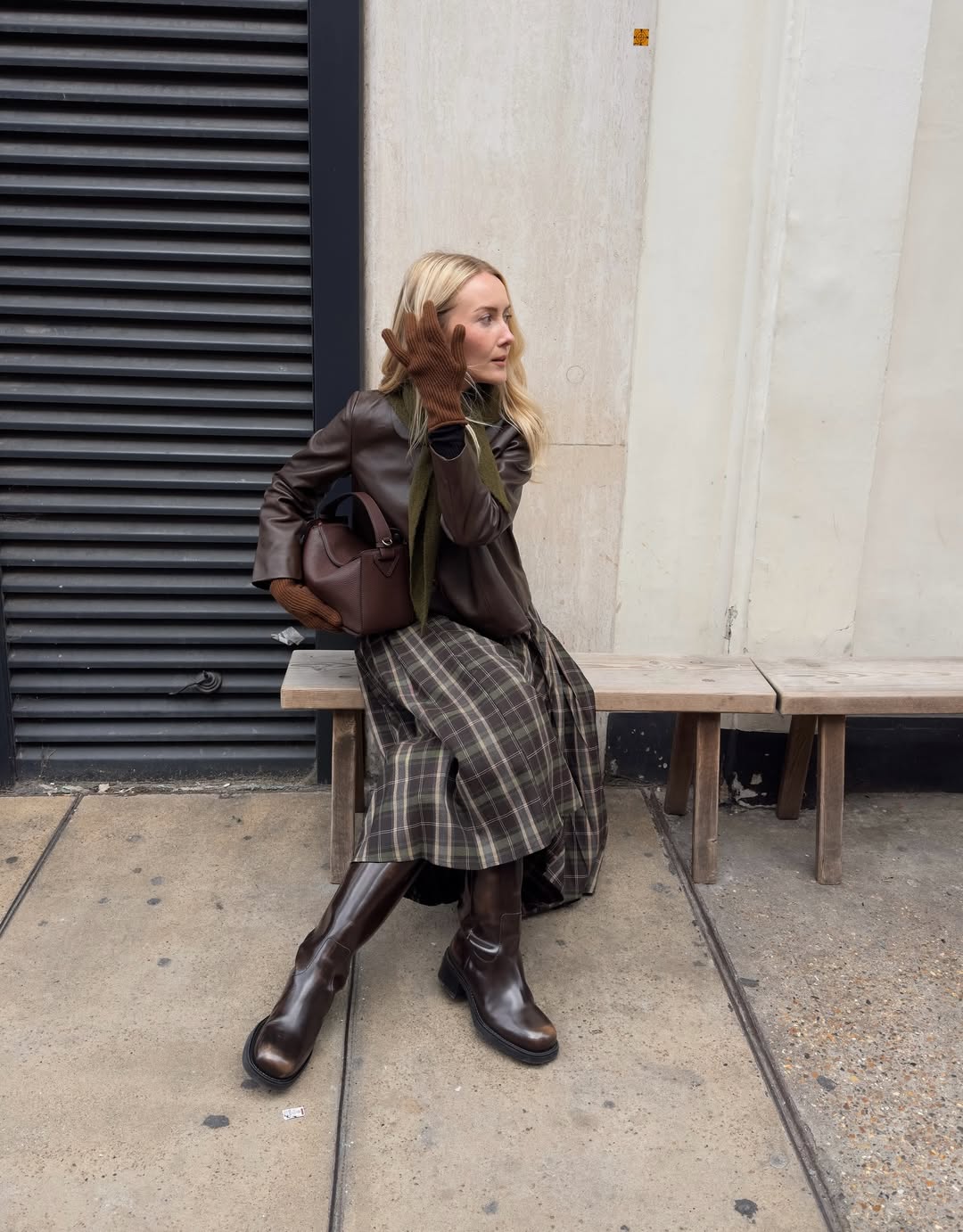 Leather Jacket and Plaid Skirt: A Textured Winter Ensemble — London Winter Outfits