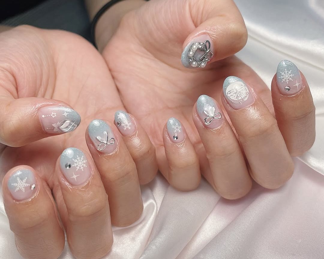 Glossy With Glitter Silver Glitter French Tips and Snowflakes — Cute Winter Nails