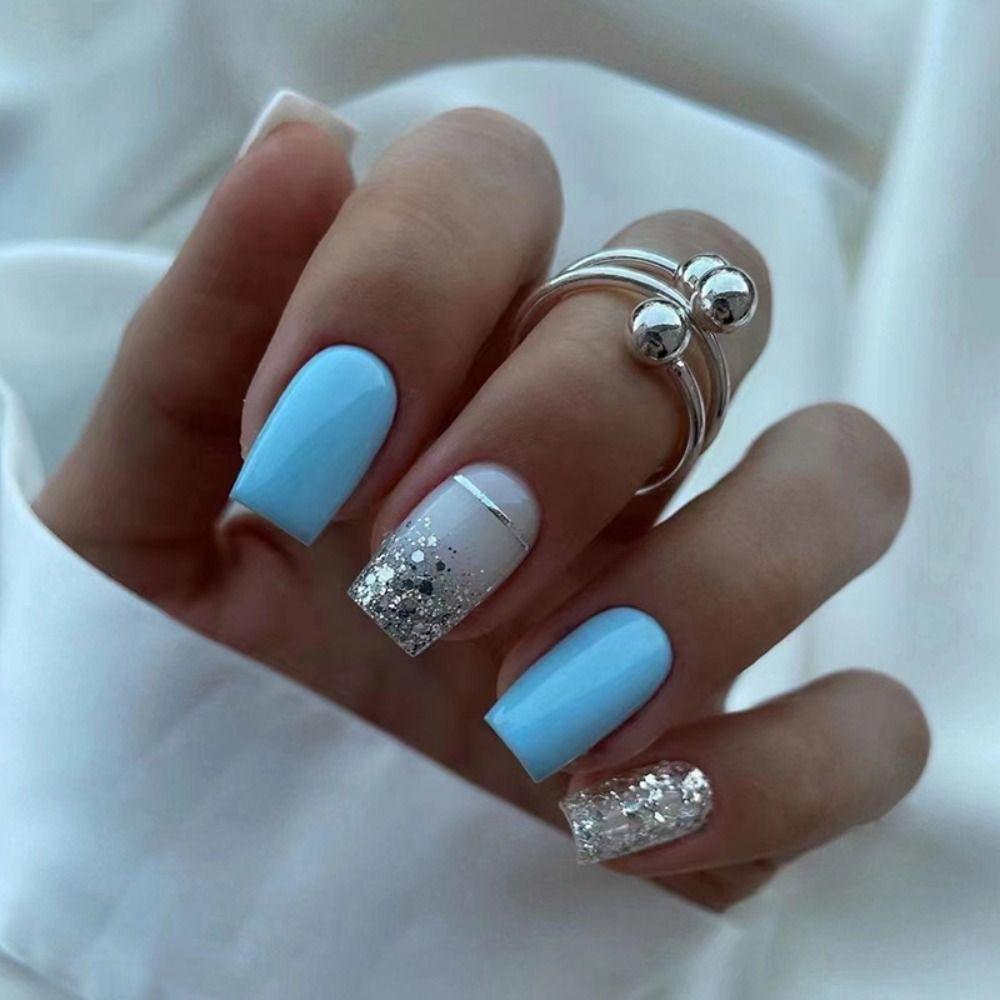 Light Blue Glitter Silver Stripe Nails Light Blue Glitter Silver Stripe Nails β Short Winter Square Nails